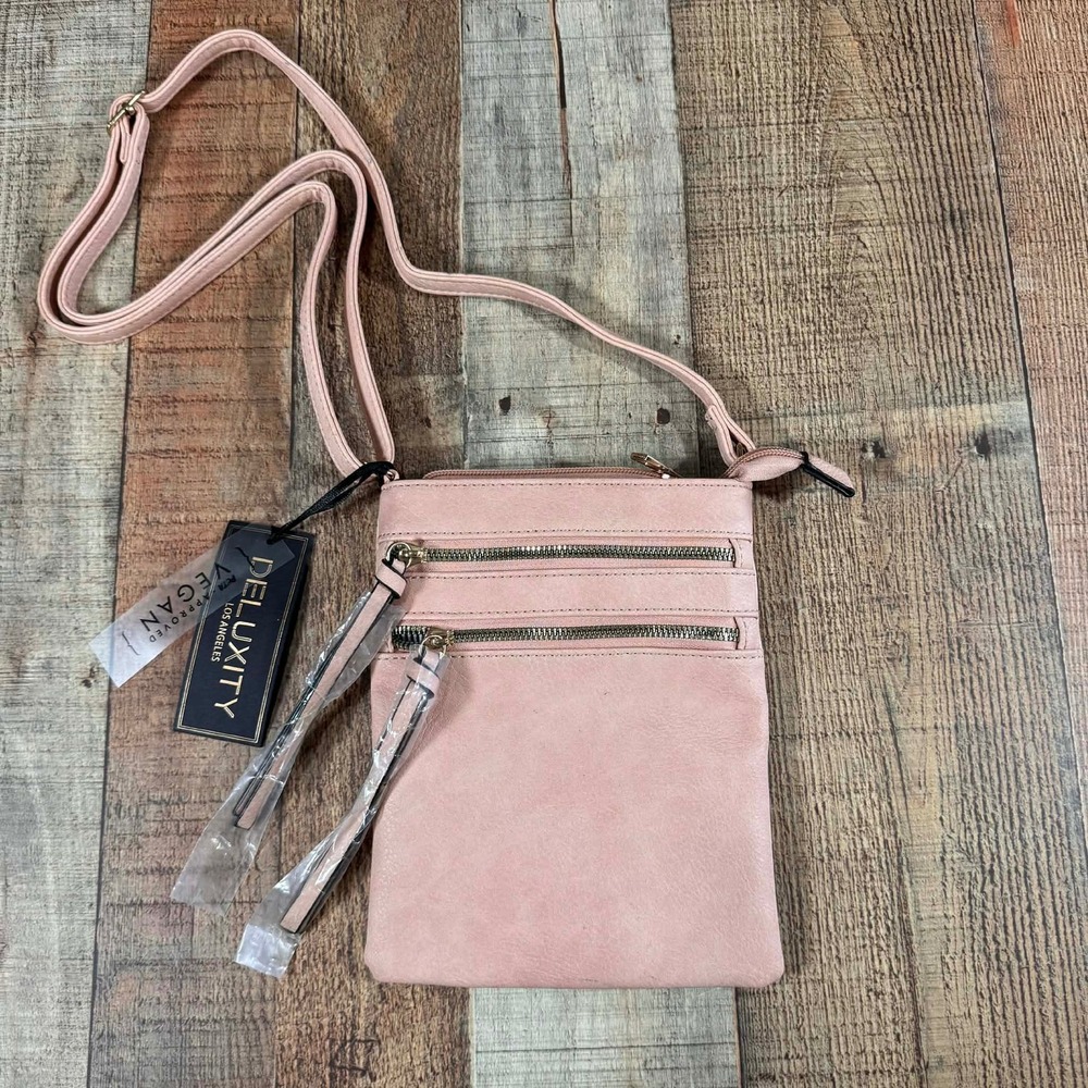 Pink Crossbody Bag Womens Small Multi Zip Vegan Leather Adjustable Strap New